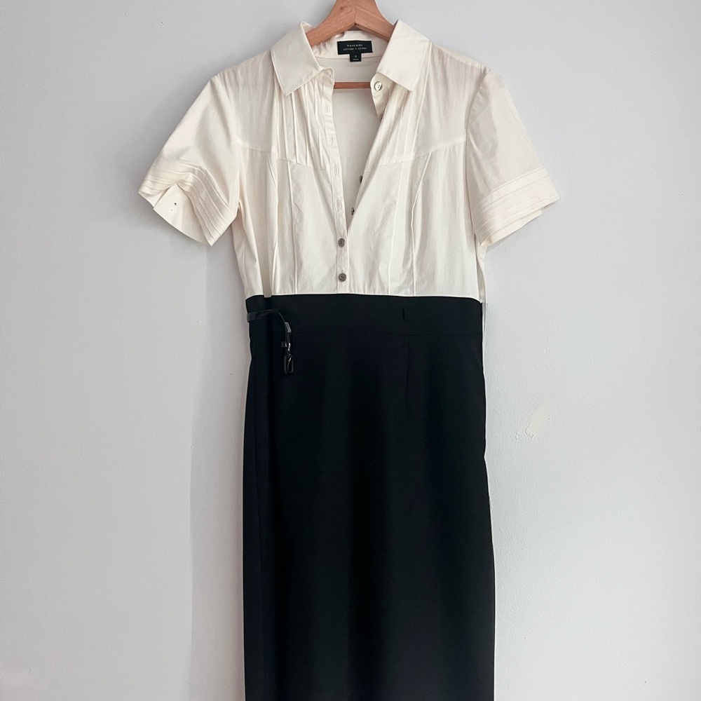 Tahari Woman Cream Sheath Dress with Notched Collar